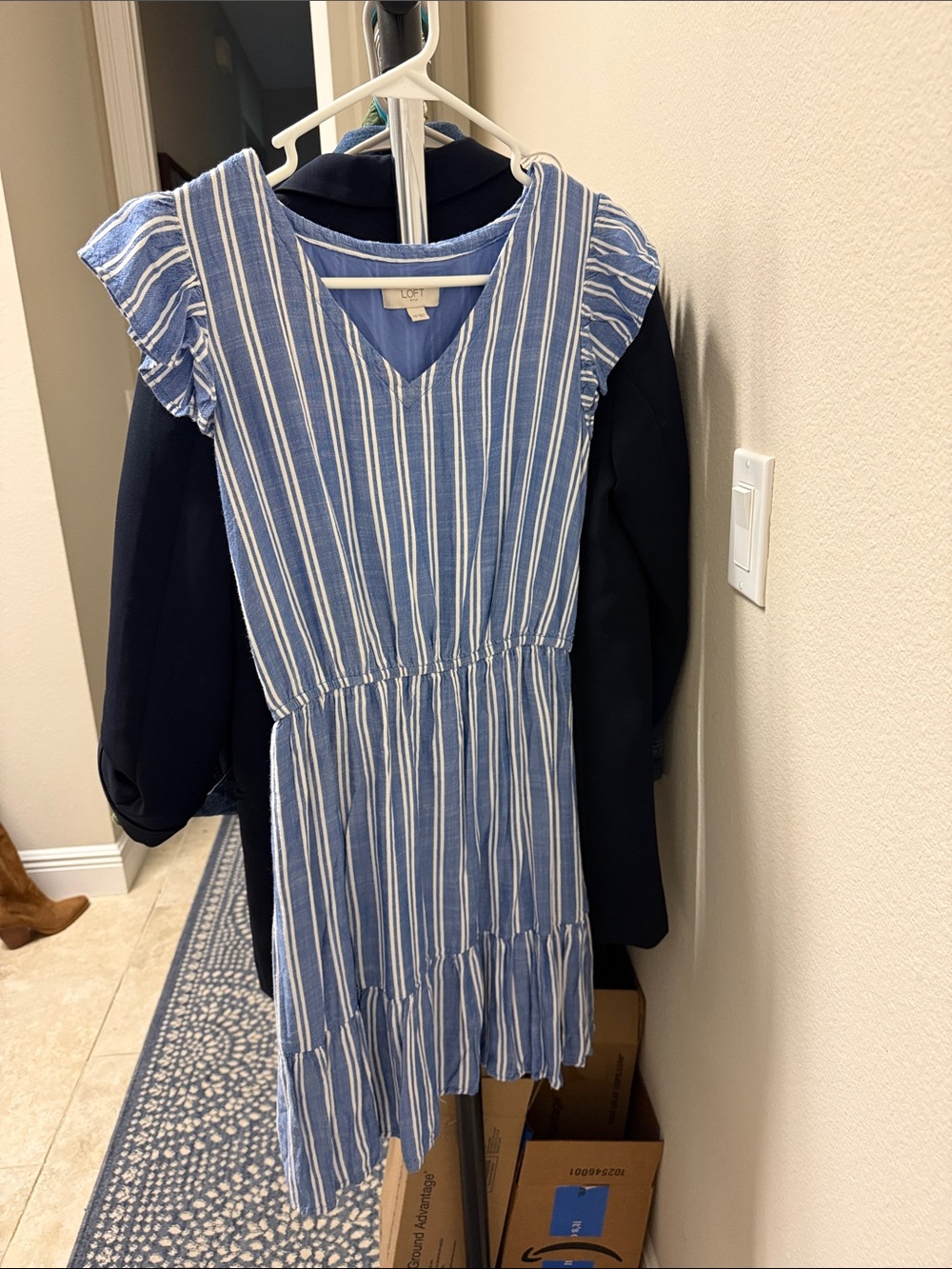 LOFT Blue and White Striped V-Neck Dress